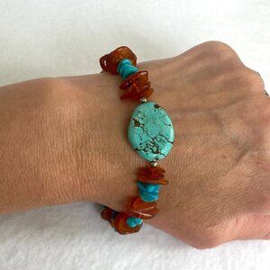 Sterling Silver 925 Turquoise Chip & Baltic Amber Chip Beaded Bracelet 8" - 9"